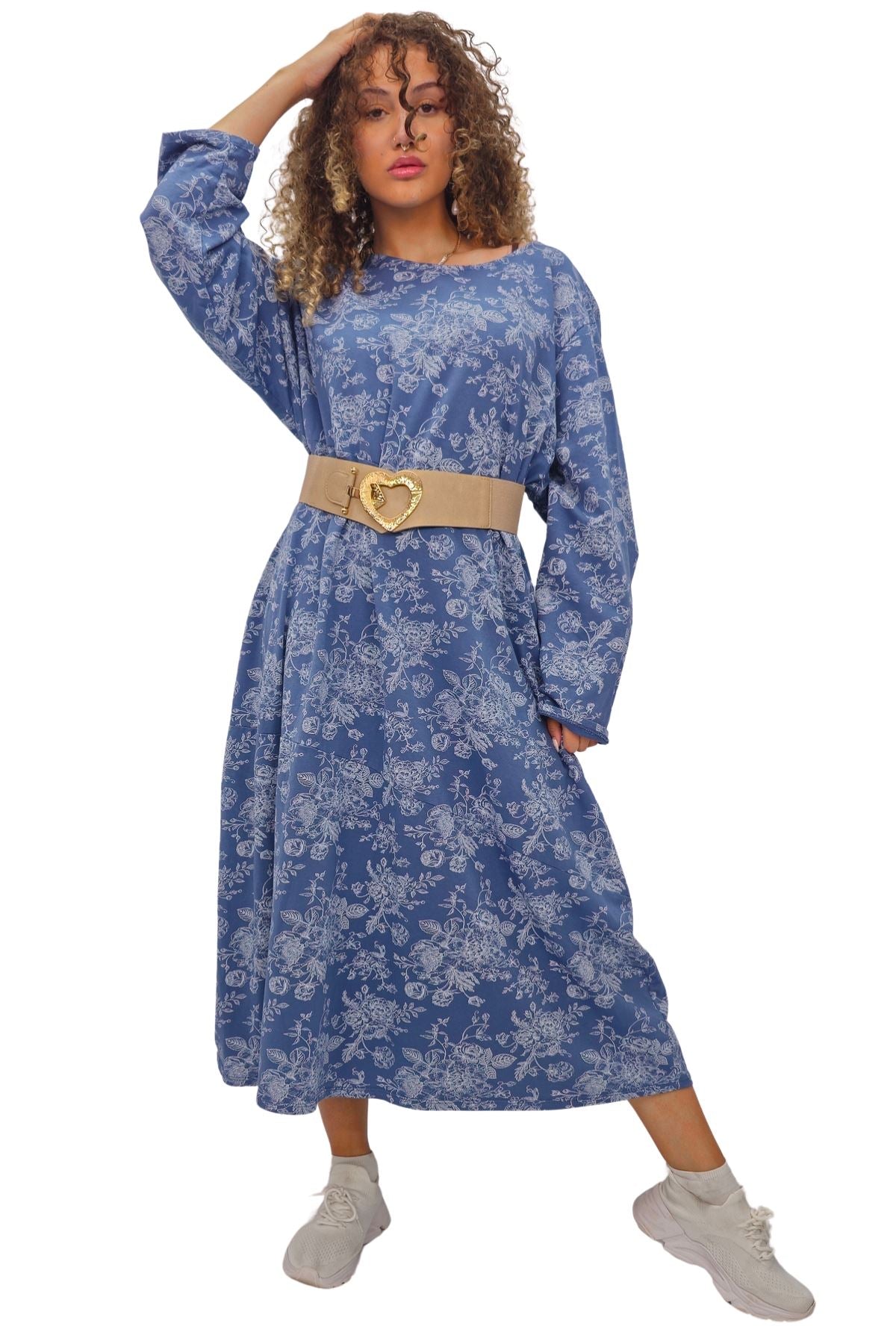 Floral Print Baggy Long Style Cotton Dress