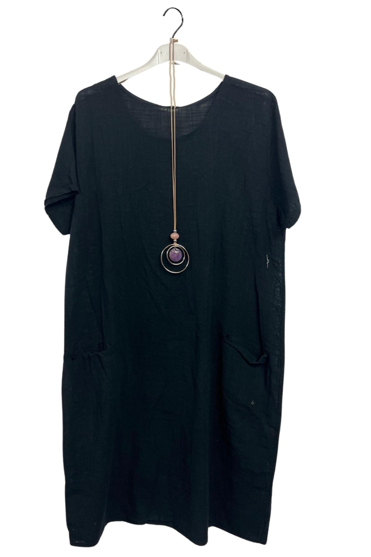 Plain Two Front Patch Pockets Cotton Dress