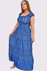 Aztec Pattern Shirred Waist Tiered Button Denim Cotton Dress