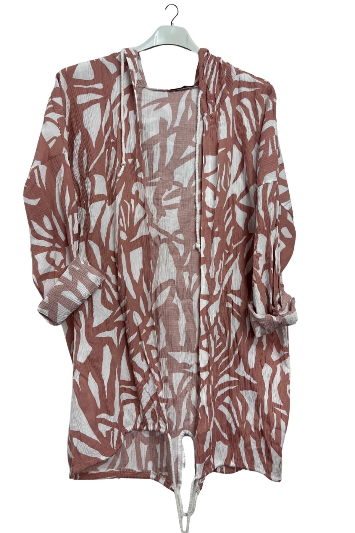 Bold Abstract leaf Print Drawstring Tie Front Cardigan