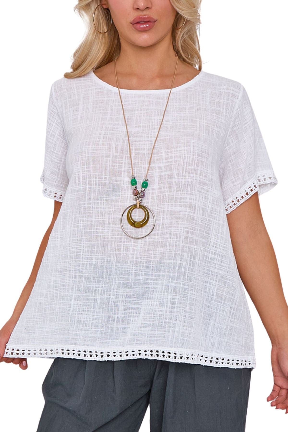 Plain Lace Hem Necklace Cotton Top