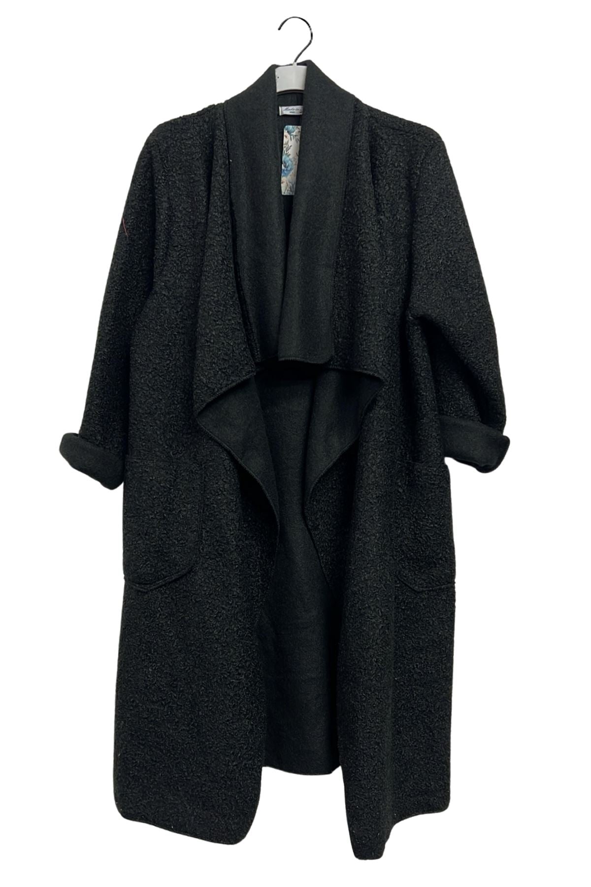 Plain Draped Coller Front Two Pockets Cotton Coat