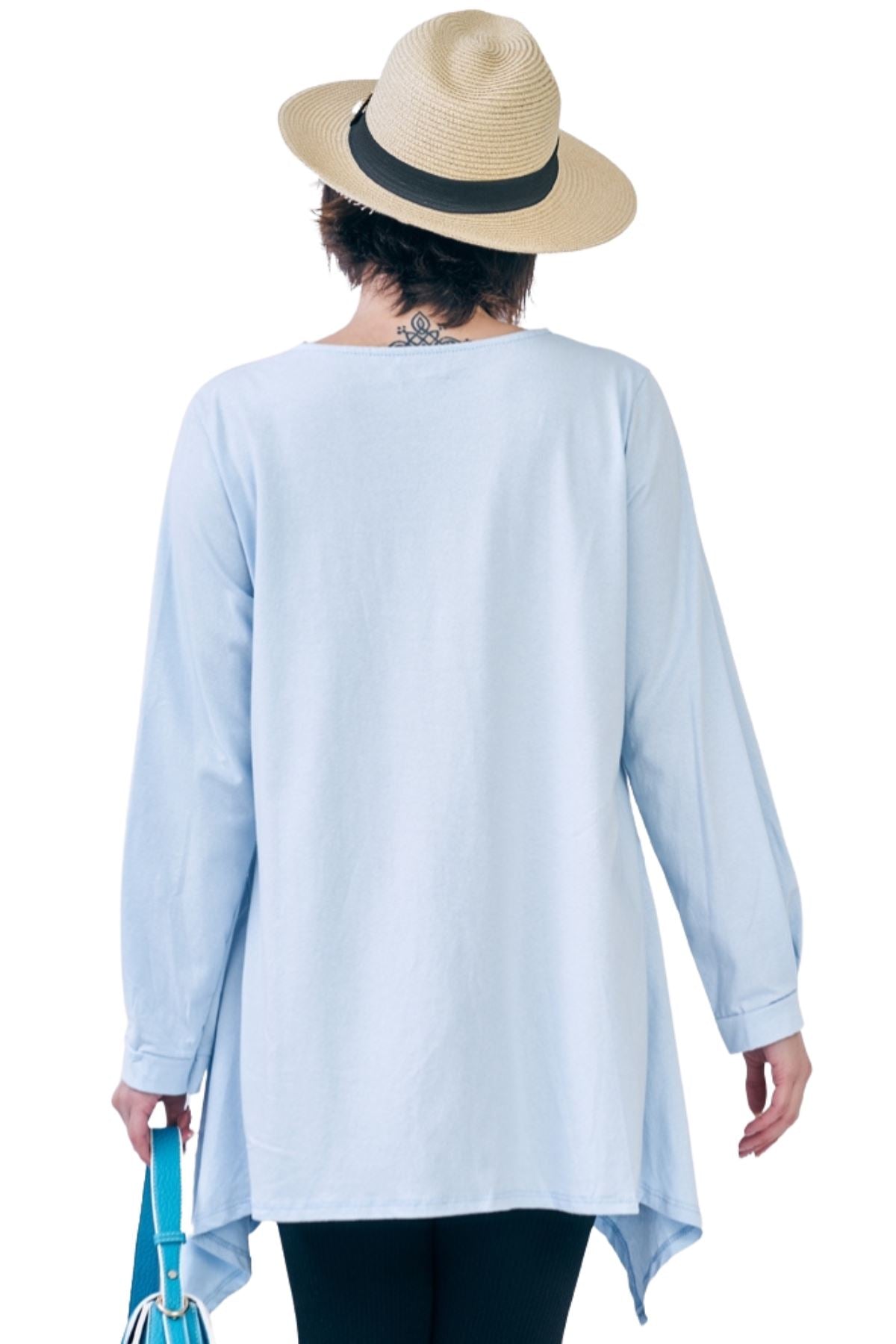 Plain Front Button Detail Hanky Hem Cotton Top