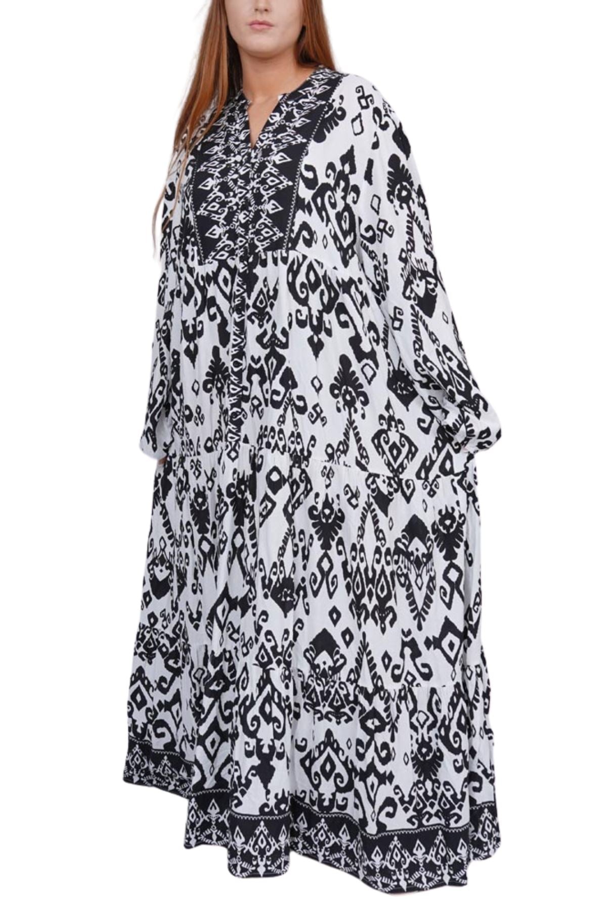 Aztec Print Tiered Viscose Dress