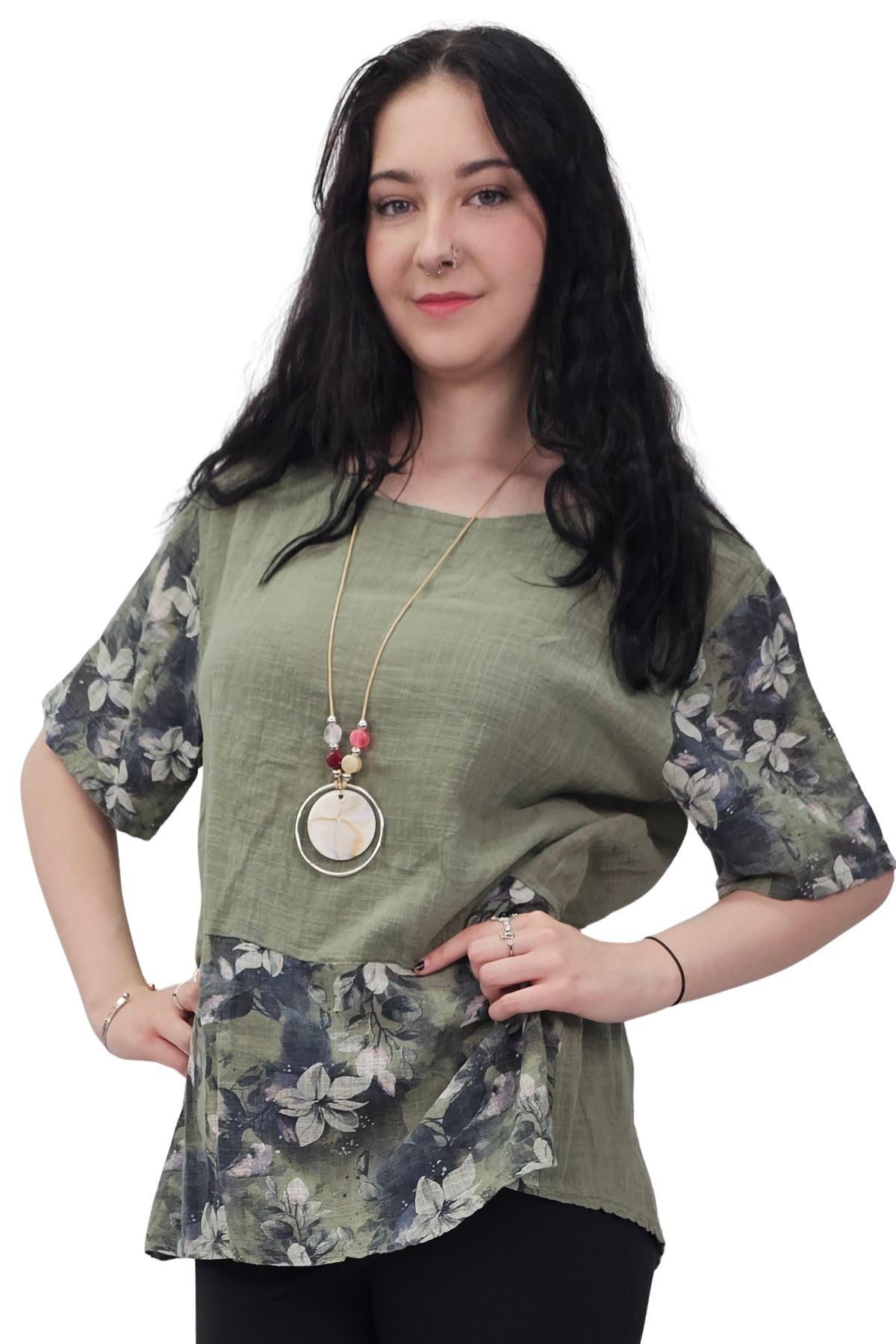 Floral Print Necklace Oversized Tunic Cotton Top