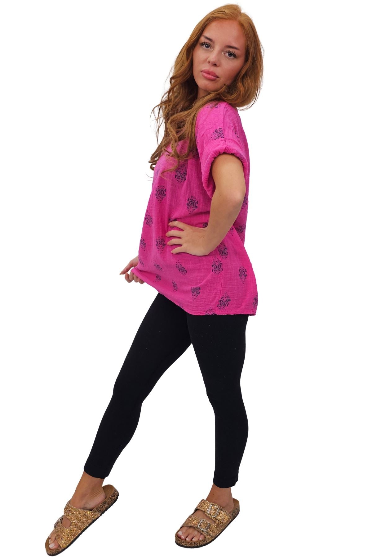 Block Print-Style Motifs Tunic Silhouette Cotton Top