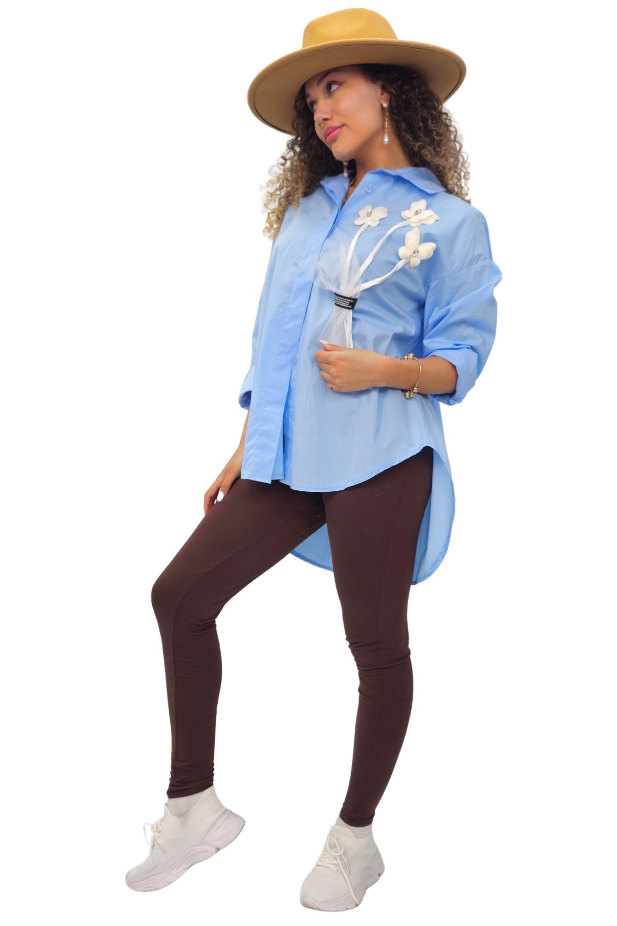 Flower Applique Pattern High Low Hem Shirt