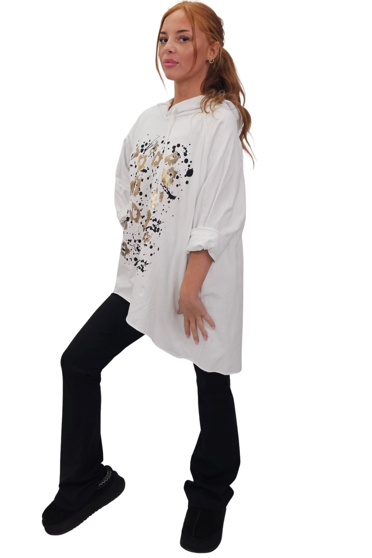 Leopard Foil Splash Print String Hoody High Low Hem Cotton Hoodie