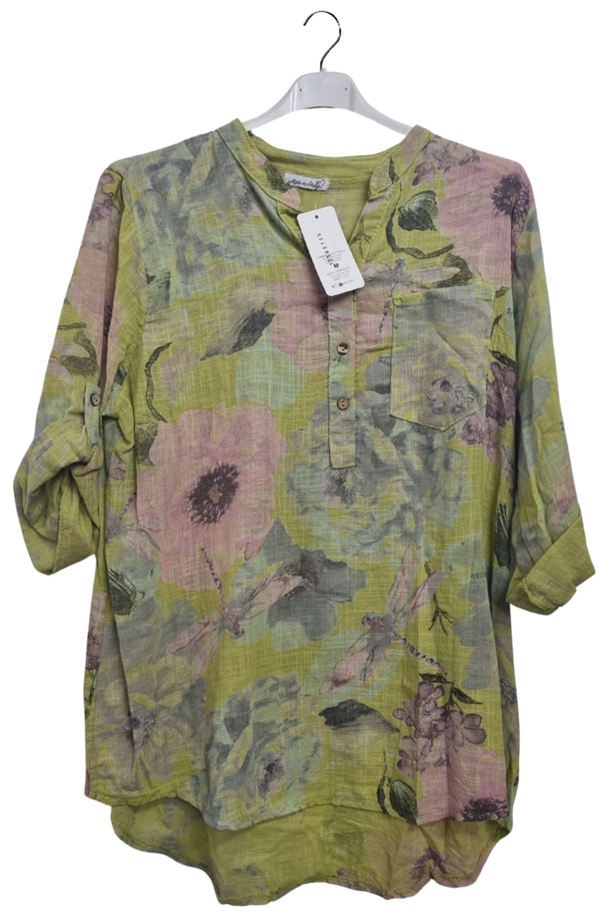 Floral Print Chest Pocket Oversized Tunic Cotton Top