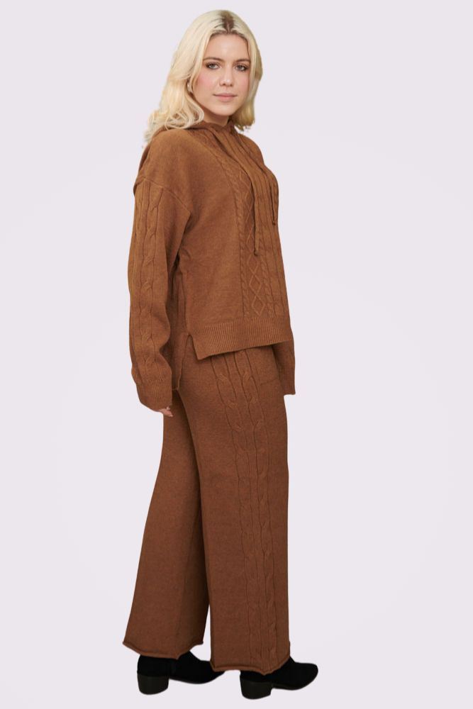 Cable Knit Pattern Hoodie Wide Leg Knit 
