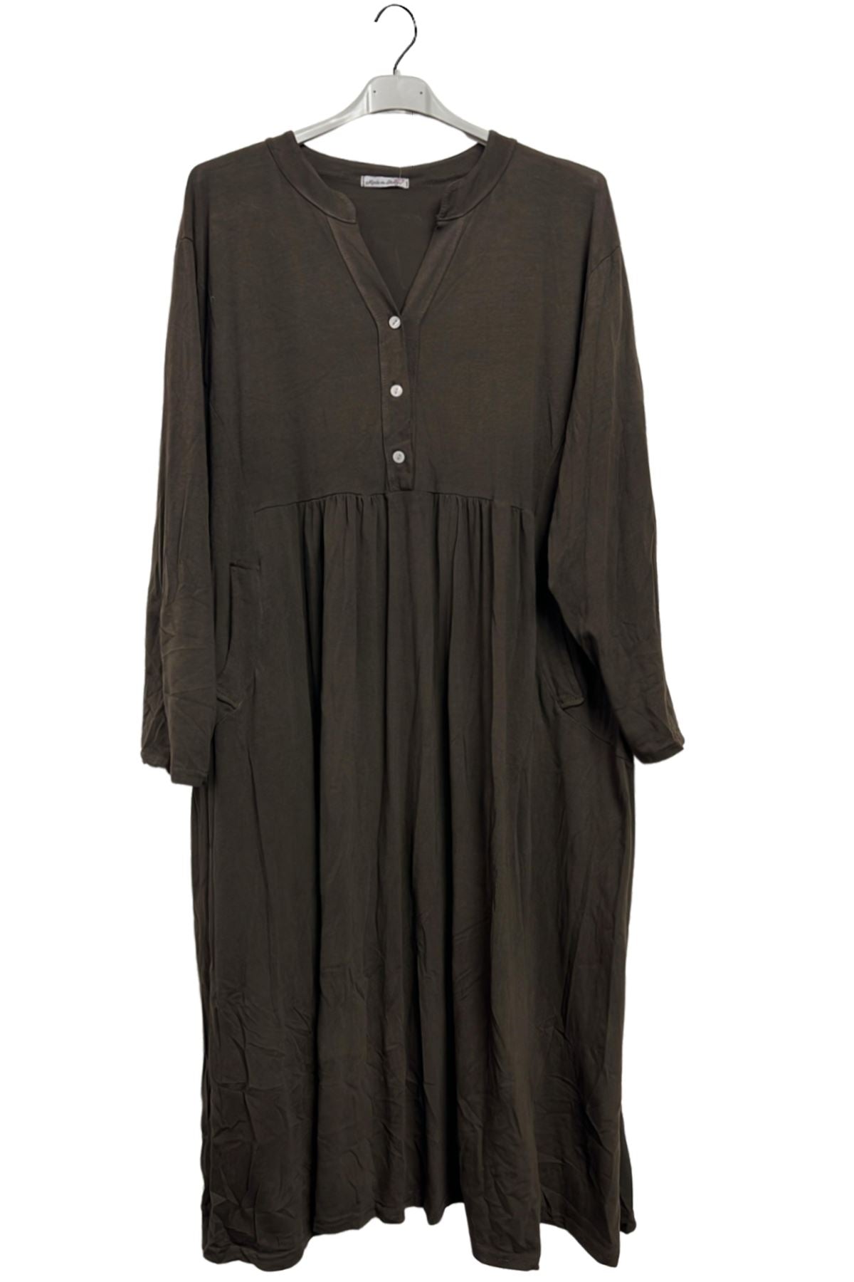 Plain Side Pockets Empire Seam With Gathered Cotton Dress