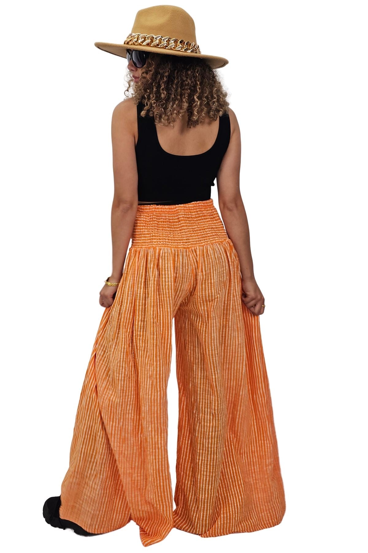 Vertical Stripes Print Smocked Waistband Wide Leg Cotton Palazzo