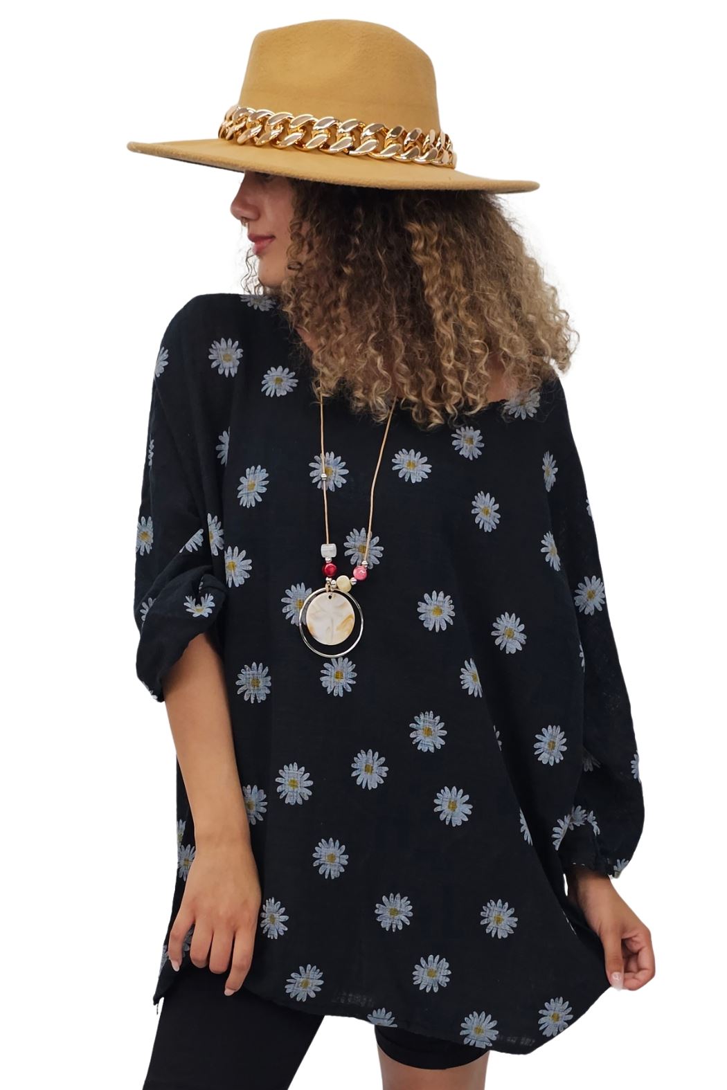 Daisy Flower Print Necklace Cotton Top