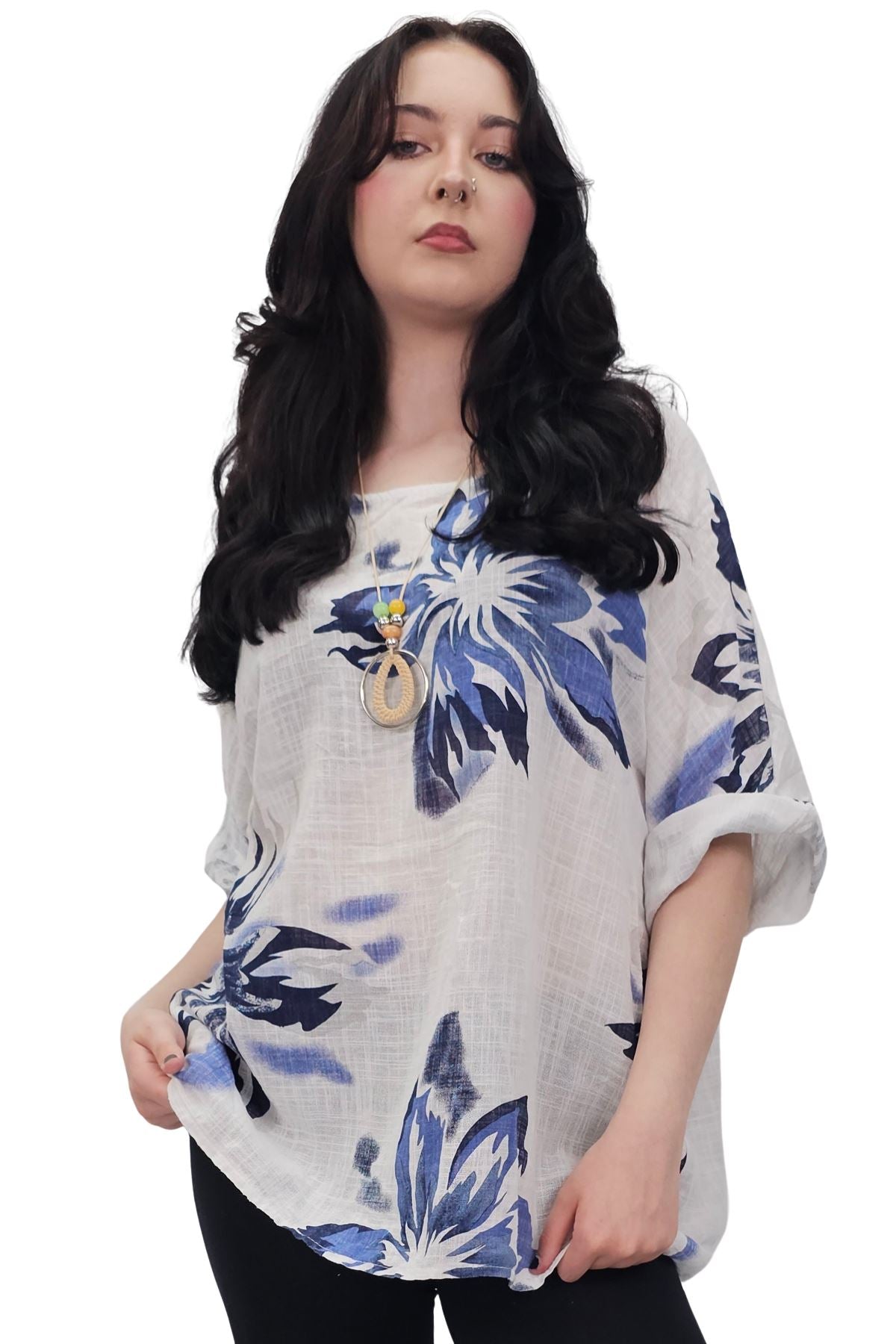 Floral Print Tunic Necklace Cotton Top