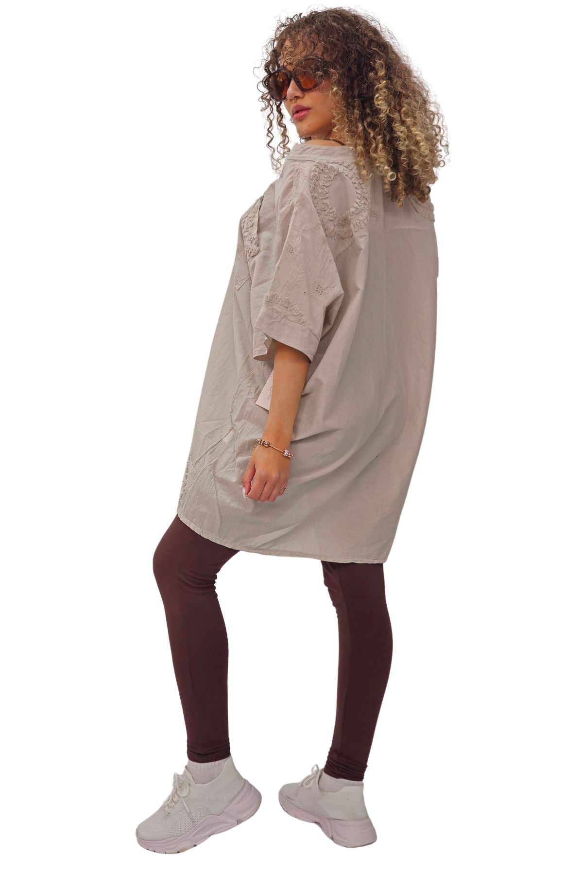 Plain Chest Pocket Lace Embroidered Detailing Cotton Top