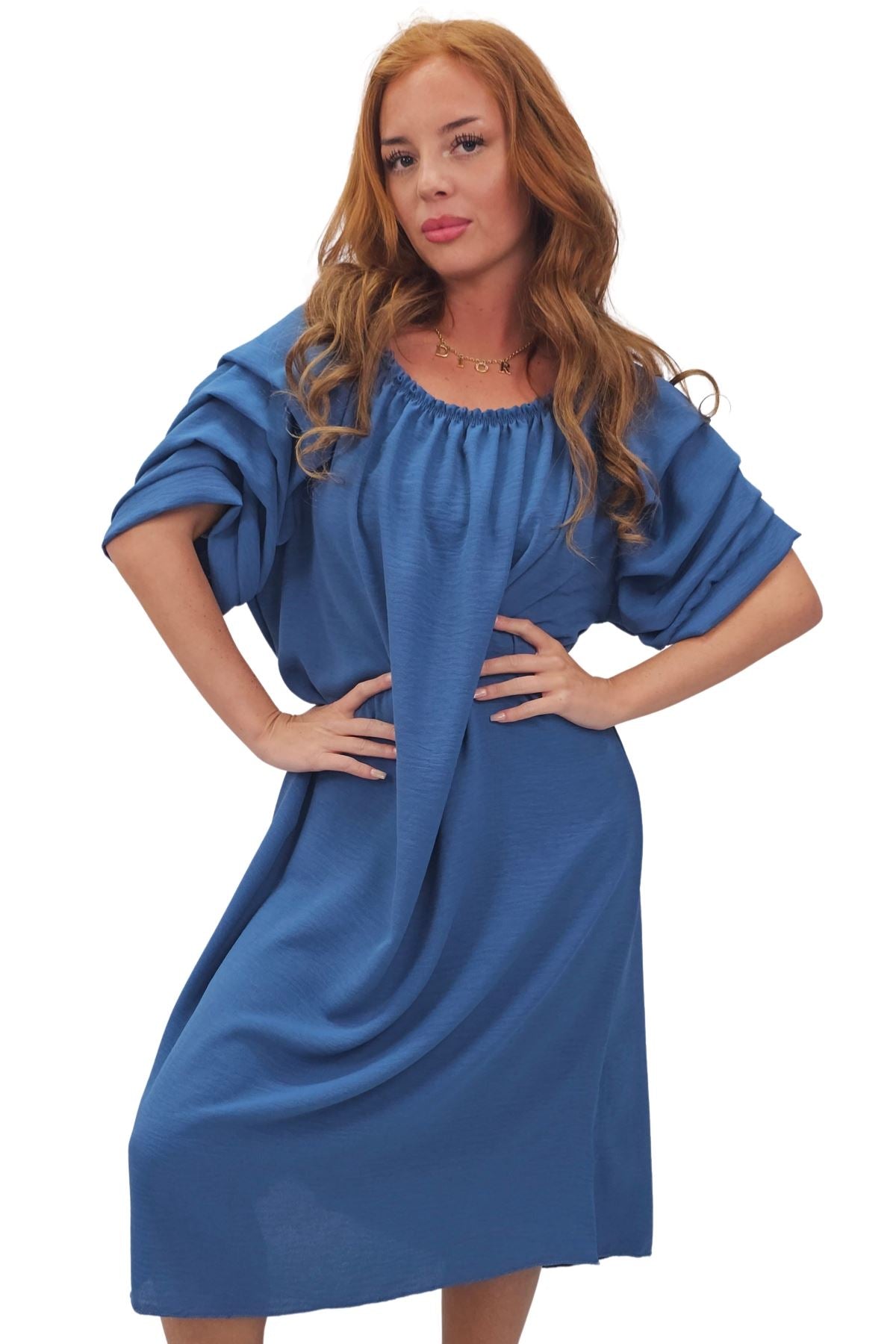 Plain Puff Sleeves Layered Detail Dress