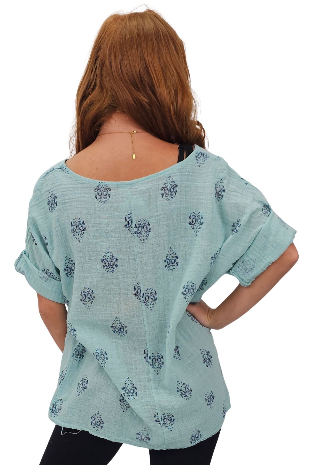 Block Print-Style Motifs Tunic Silhouette Cotton Top