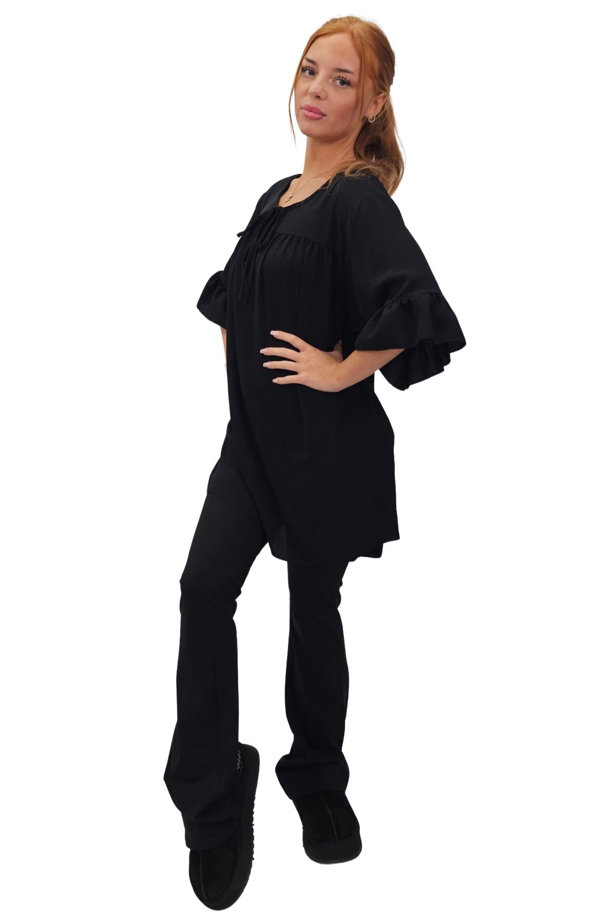 Plain Tie Neck Ruffle Sleeve Top