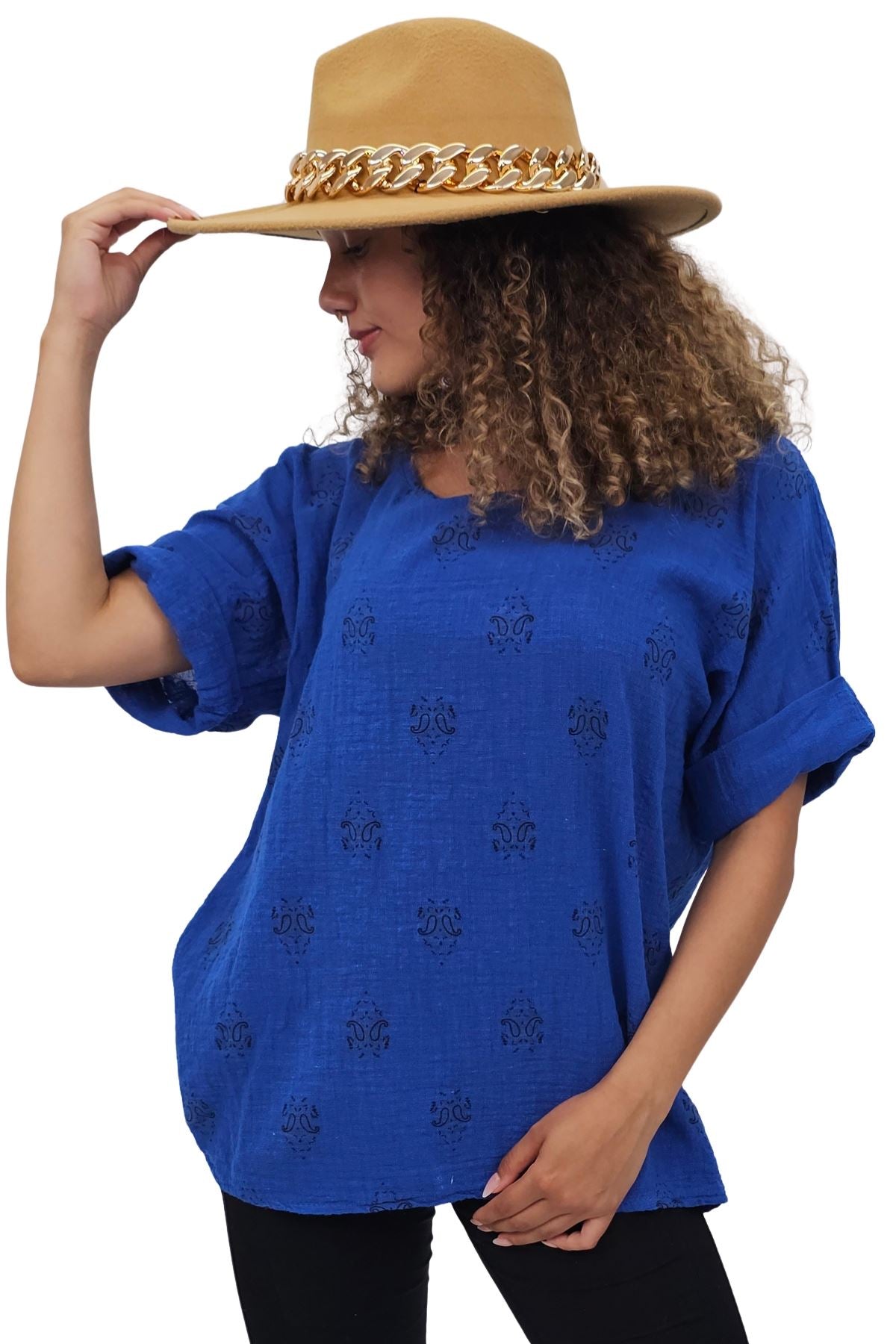 Block Print-Style Motifs Tunic Silhouette Cotton Top