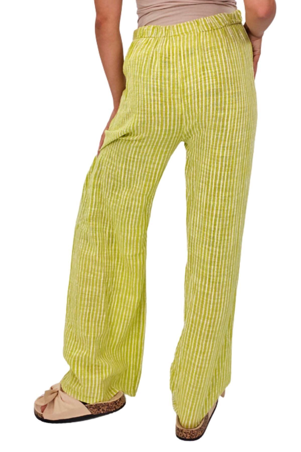 Stripe Print Elasticated Waistband Wide Leg Cotton Trousers
