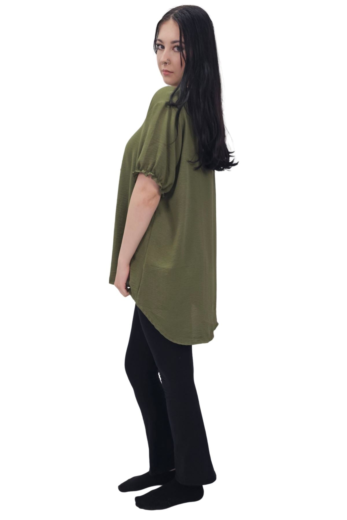 Plain Short Puff Sleeves Necklace Top