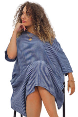 Vertical Stripes Print Two Side Pockets Cotton Dress