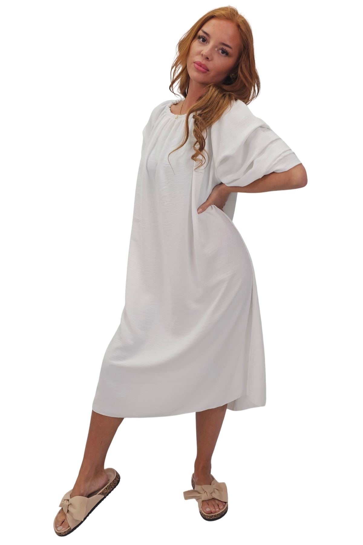 Plain Puff Sleeves Layered Detail Dress