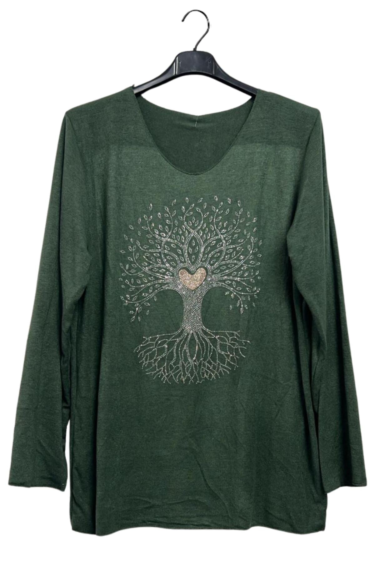 Rhinestone Tree Pattern Soft Feel Tunic Top