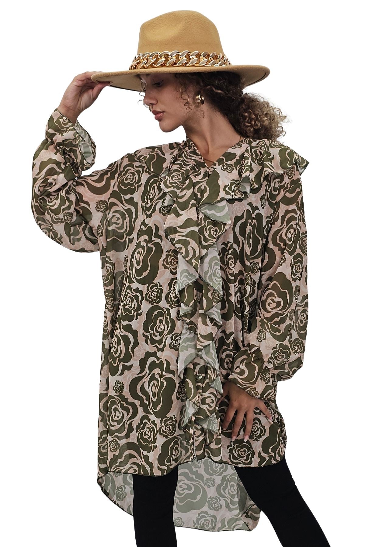 Floral Print Oversized Front Ruffle Top
