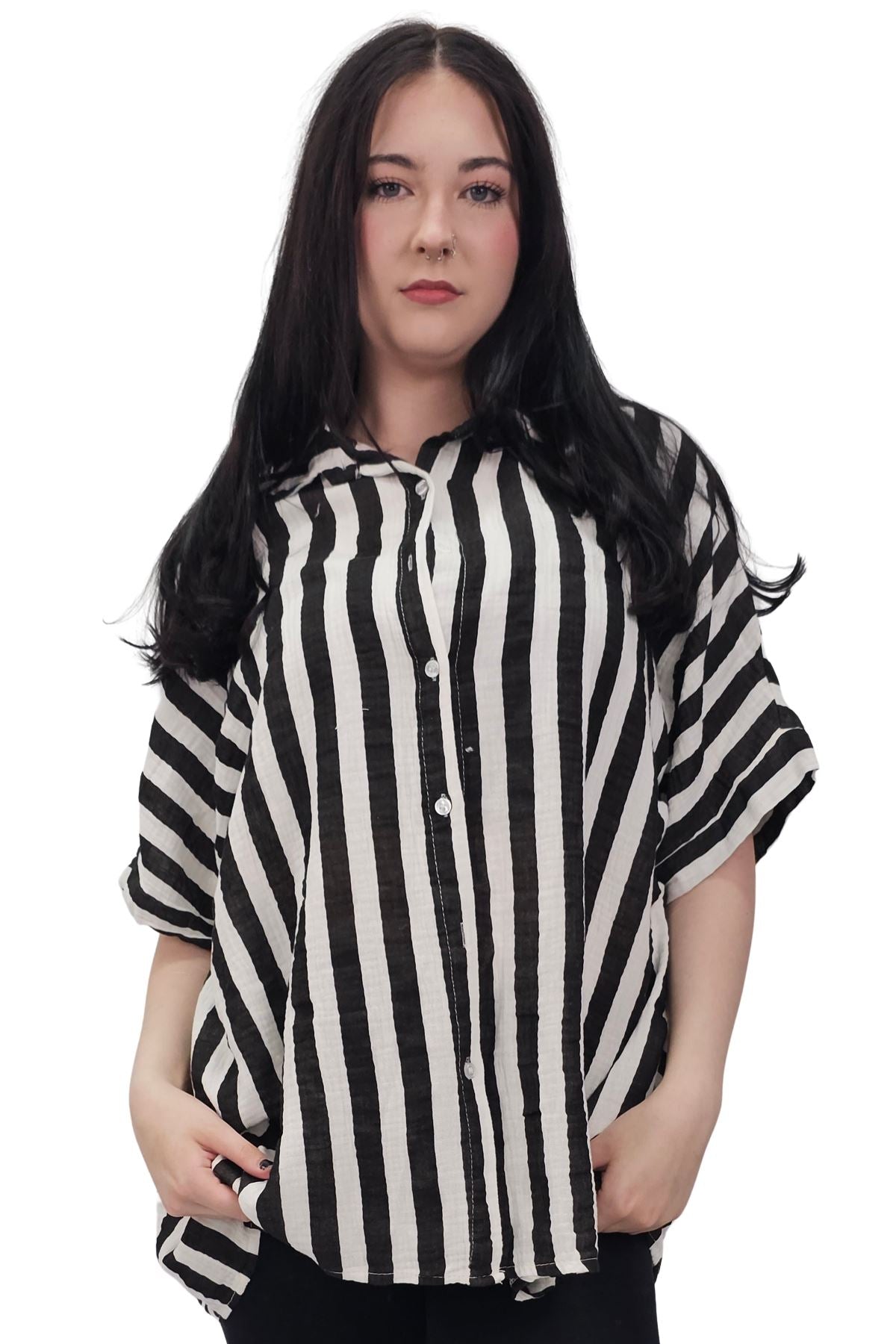 Vertical Stripes Print Front Button Down Cotton Shirt