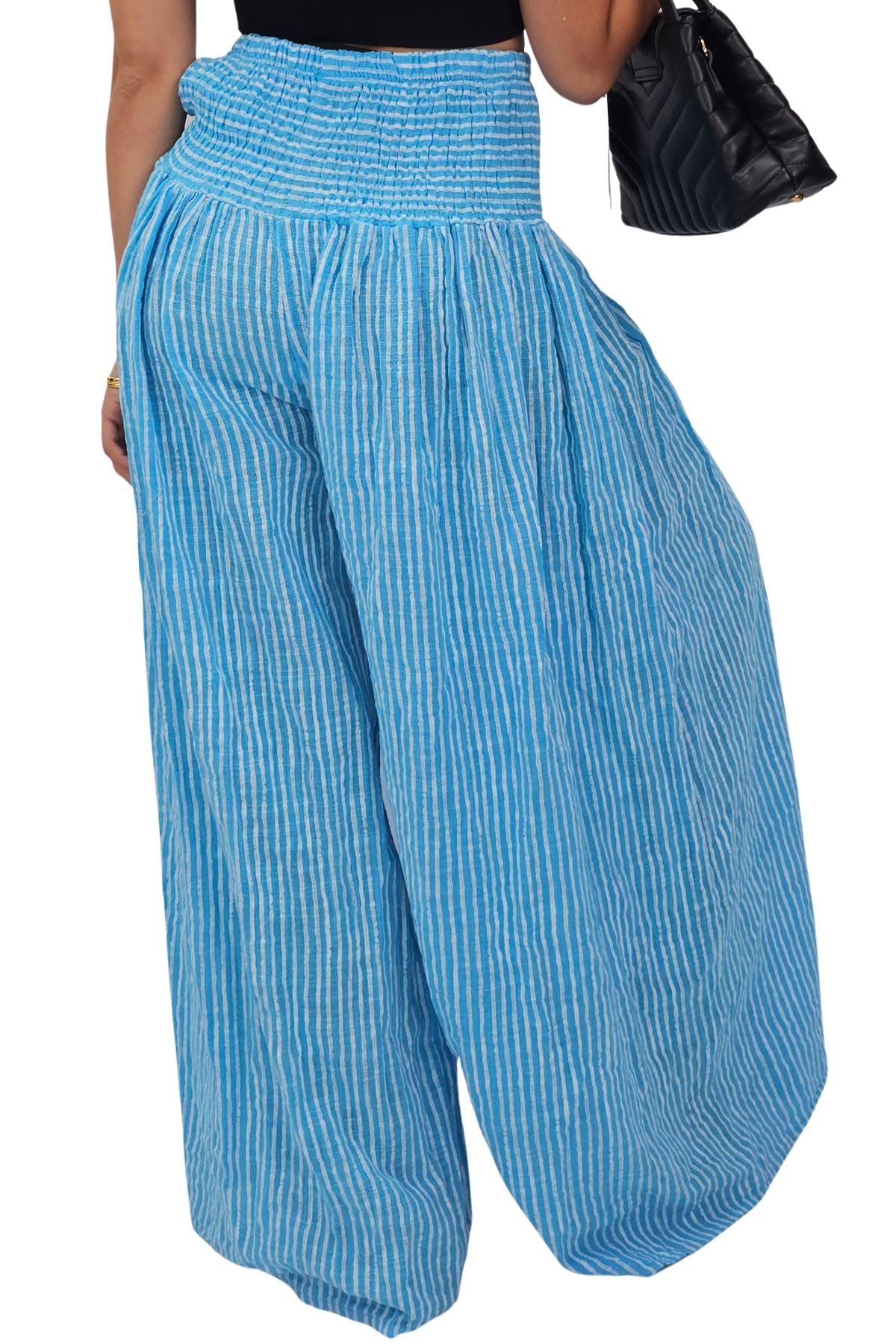 Vertical Stripes Print Smocked Waistband Wide Leg Cotton Palazzo