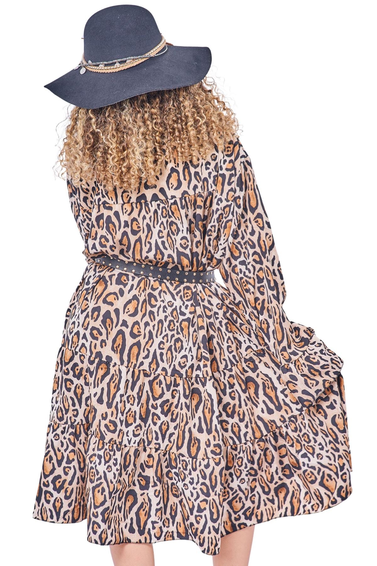 Leopards Print Tiered Button-Down Dress