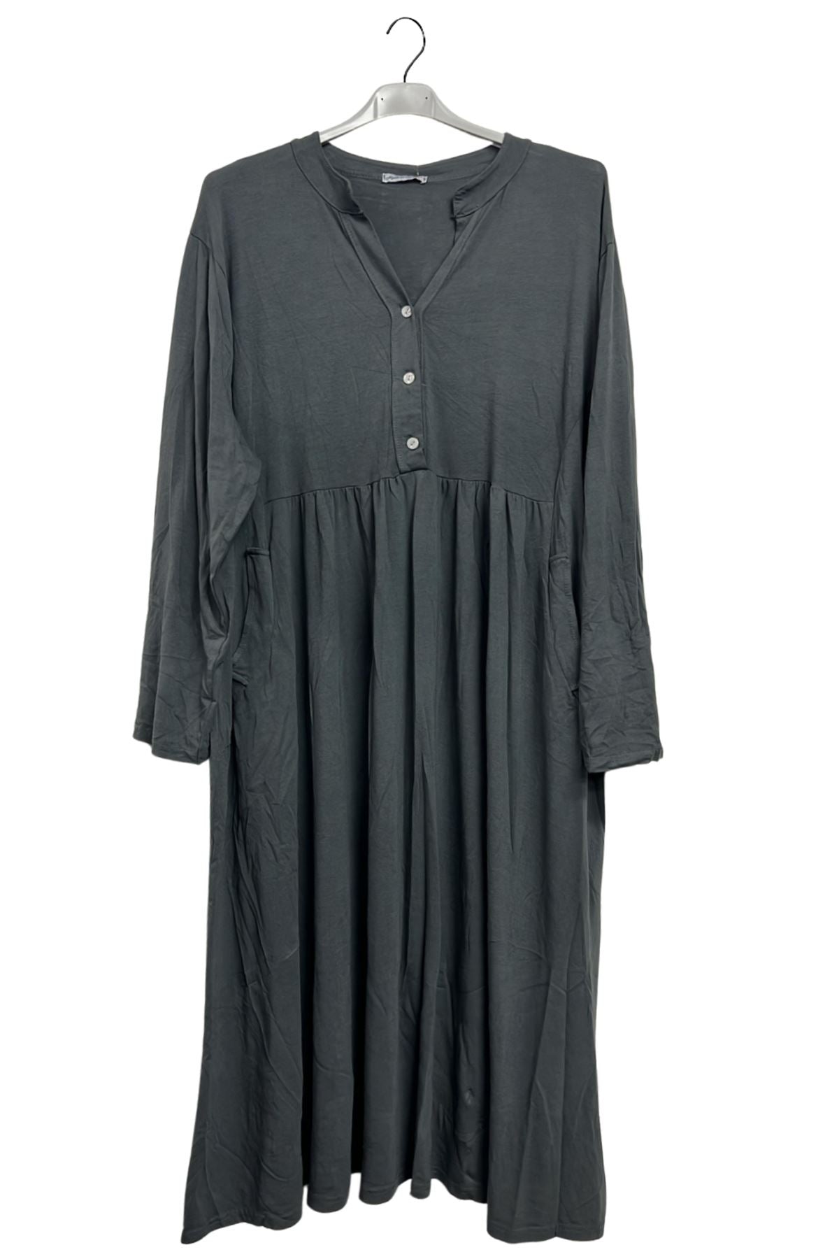 Plain Side Pockets Empire Seam With Gathered Cotton Dress