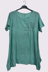 Embroidered Flower Side Slits Oversized Cotton Top