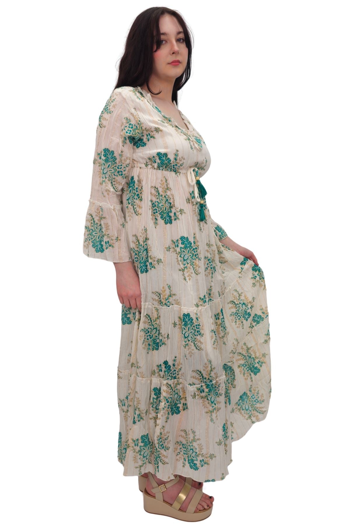 Flower Cluster Print Gold Stripes Dress