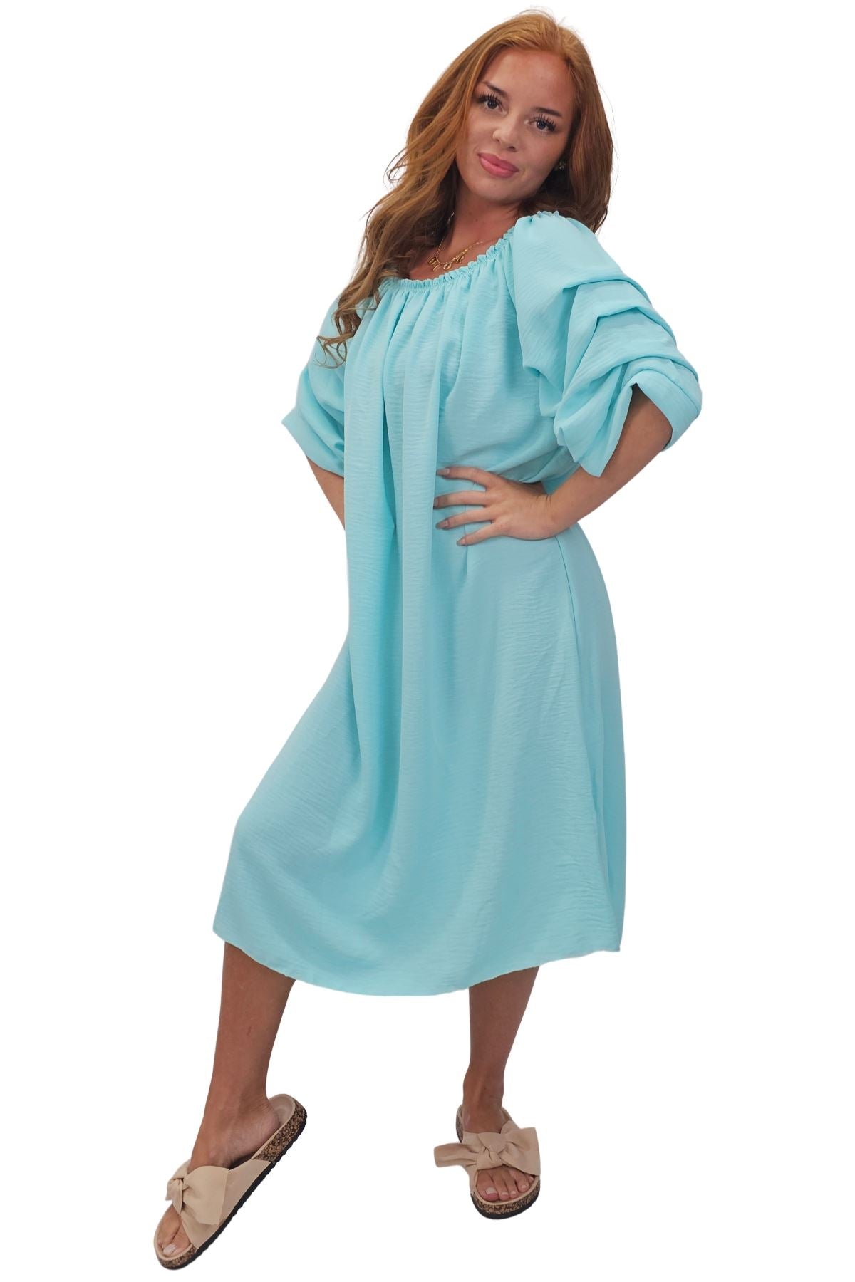 Plain Puff Sleeves Layered Detail Dress