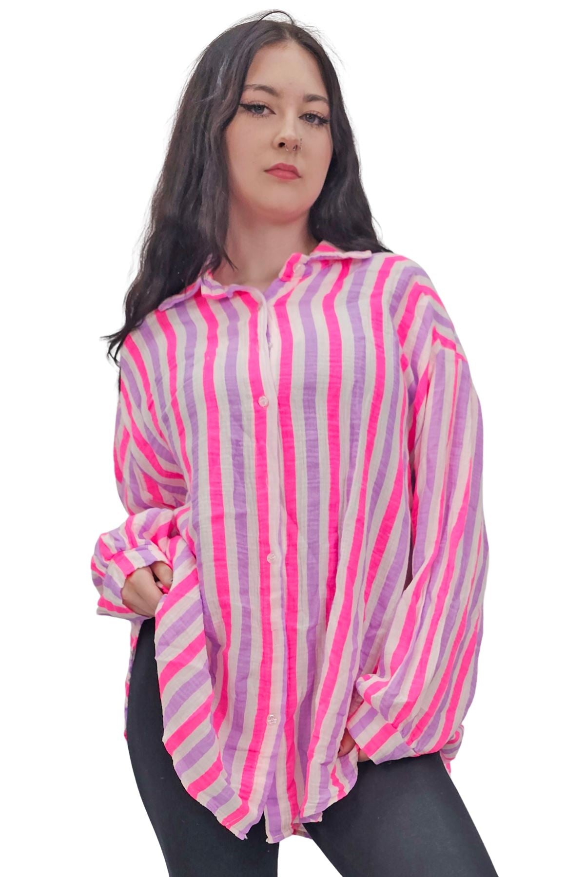 Vertical Stripes In Alternating Shades Button-Down Cotton Shirt