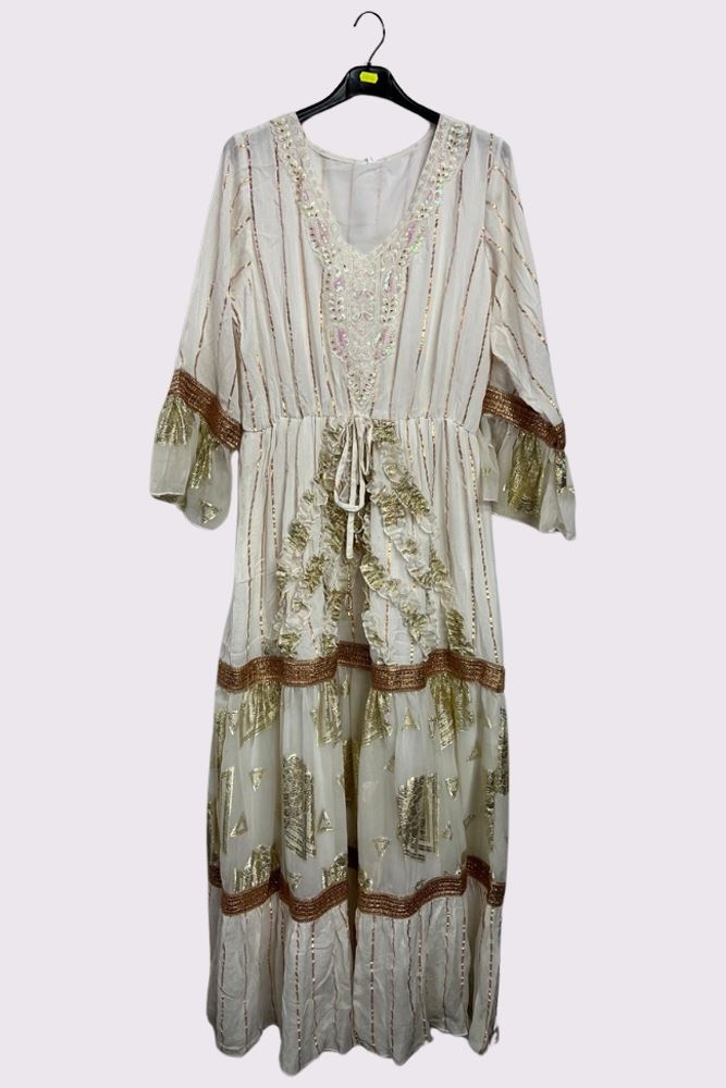 Rose Gold Stripe Pattern Maxi Long Sleeve Ruffle Front Dress