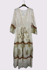 Rose Gold Stripe Pattern Maxi Long Sleeve Ruffle Front Dress