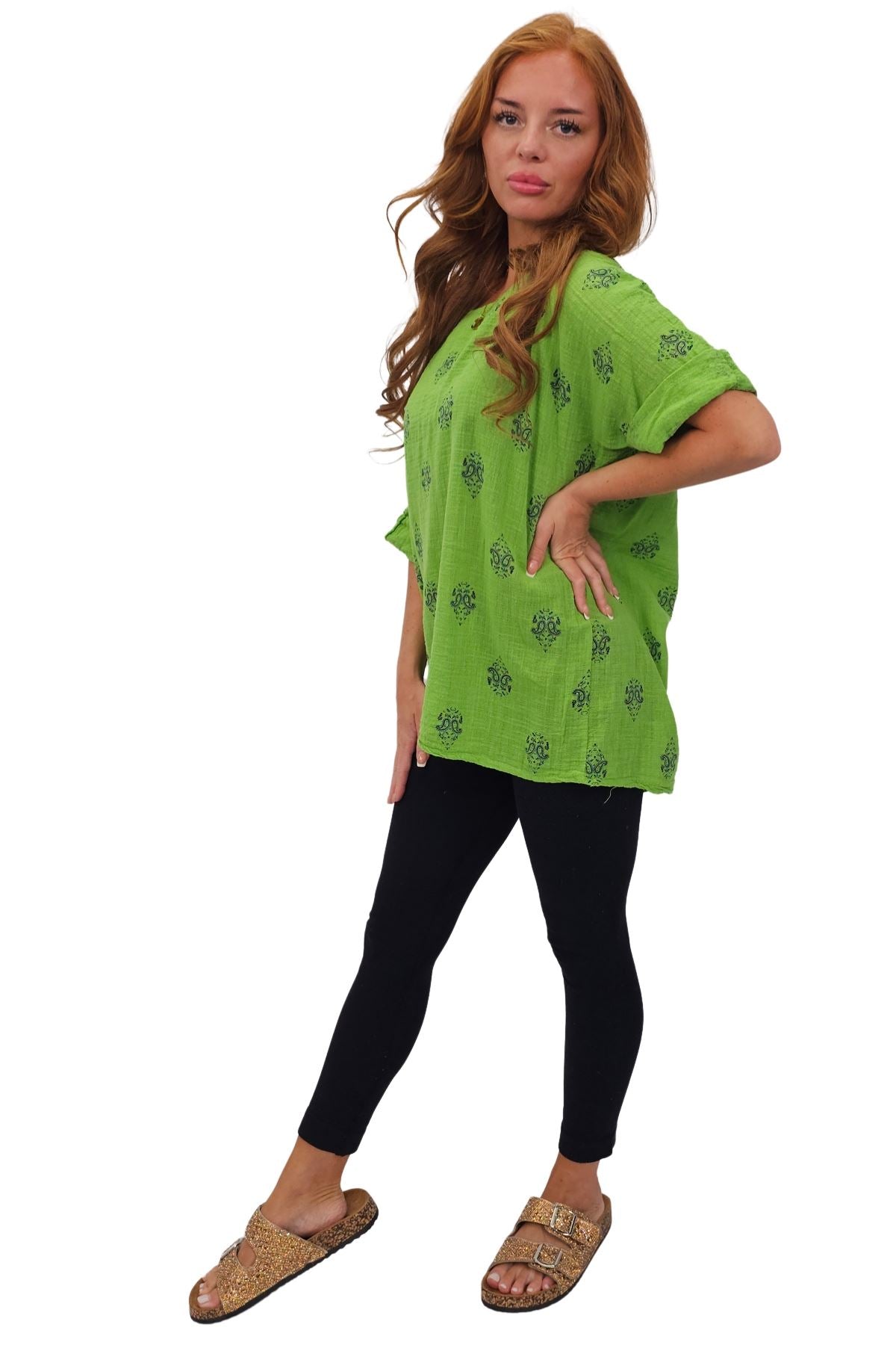 Block Print-Style Motifs Tunic Silhouette Cotton Top