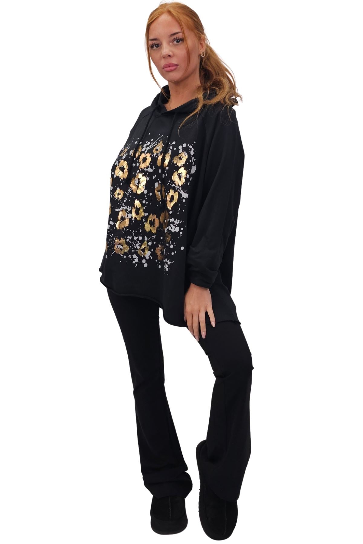 Leopard Foil Splash Print String Hoody High Low Hem Cotton Hoodie