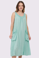 Floral Cutwork Neckline Dress with Front Pockets
