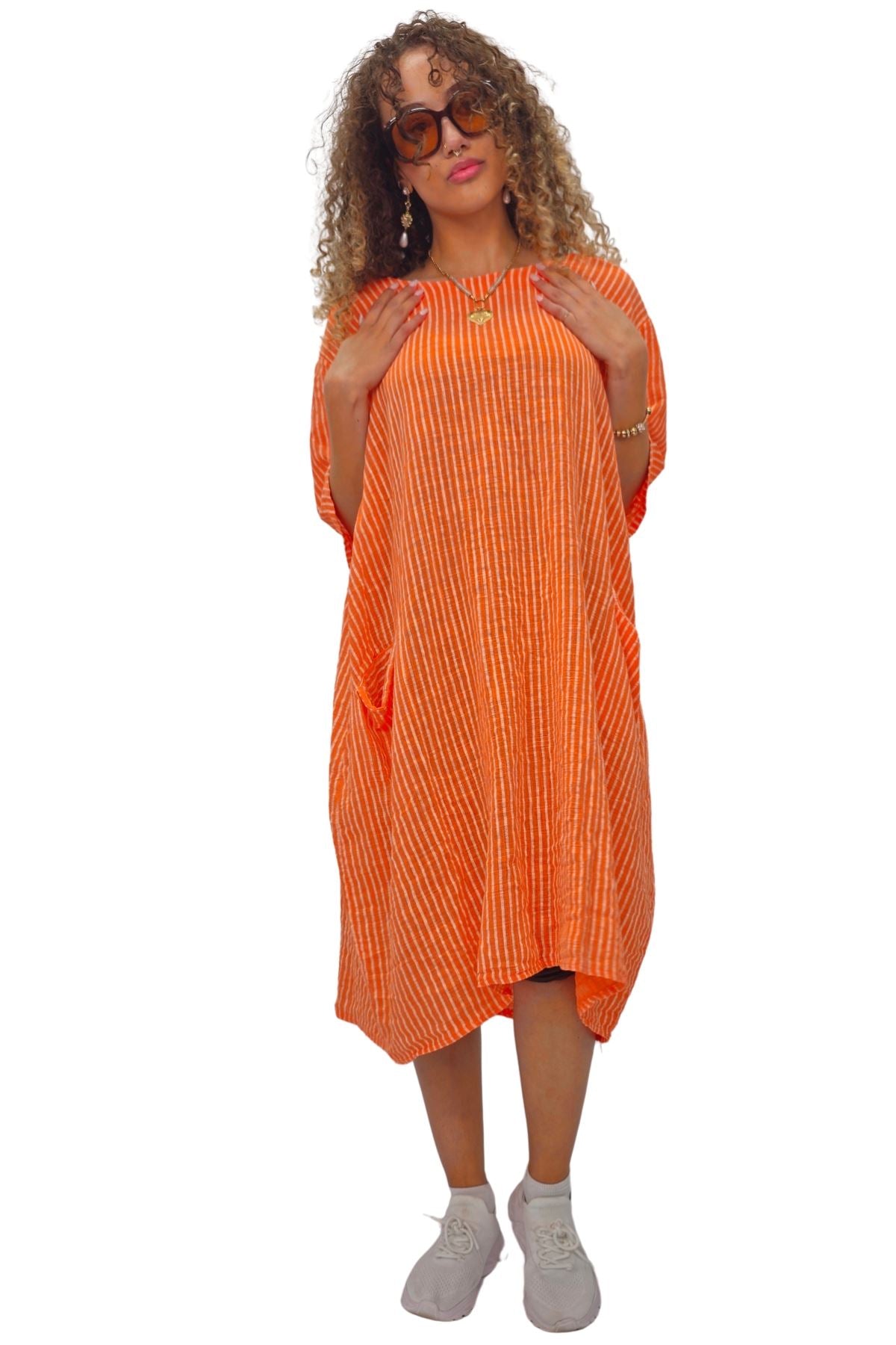 Vertical Stripes Print Two Side Pockets Cotton Dress