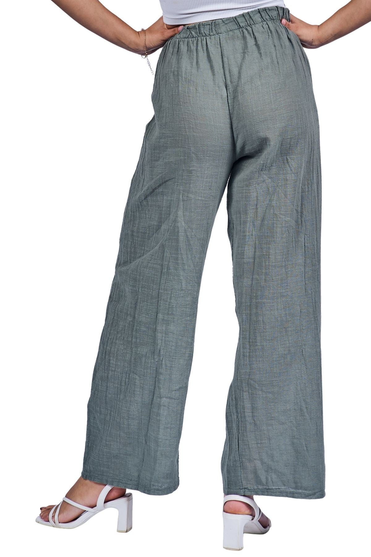 Plain Drawstring Wide Legs Cotton Trousers