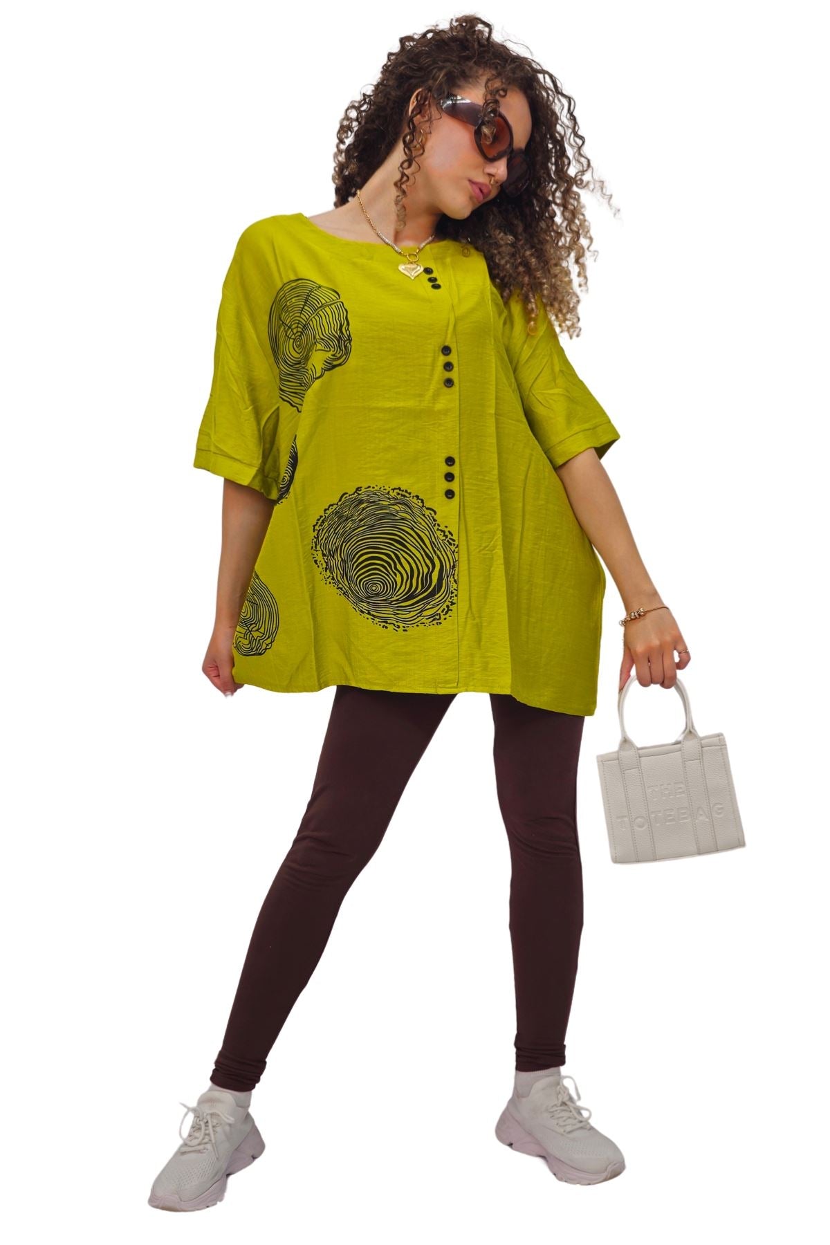 Tree Ring Print Front Button Detail Cotton Top