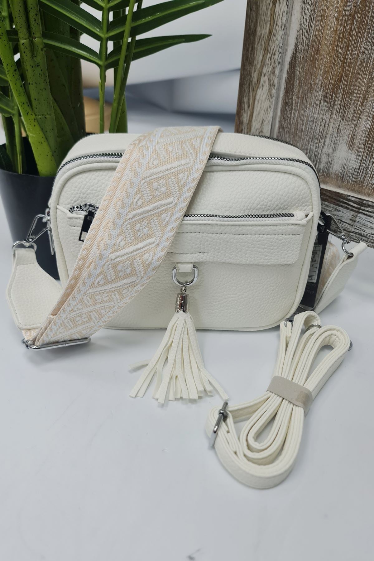Adjustable Patterned Strap Tassel Shoulder Bag