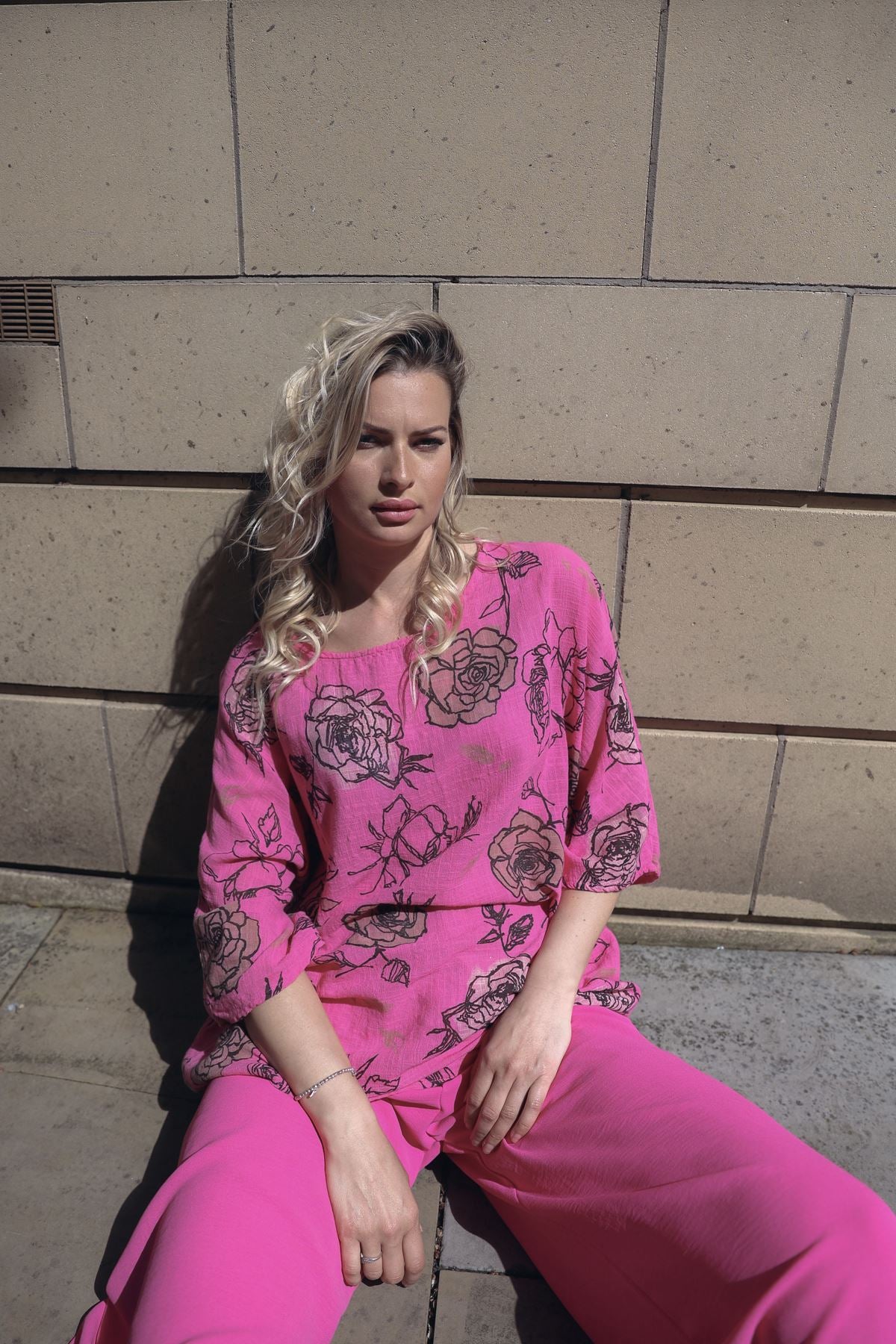Rose Flower Print Oversized Necklace Tunic Cotton Top