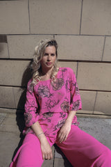 Rose Flower Print Oversized Necklace Tunic Cotton Top