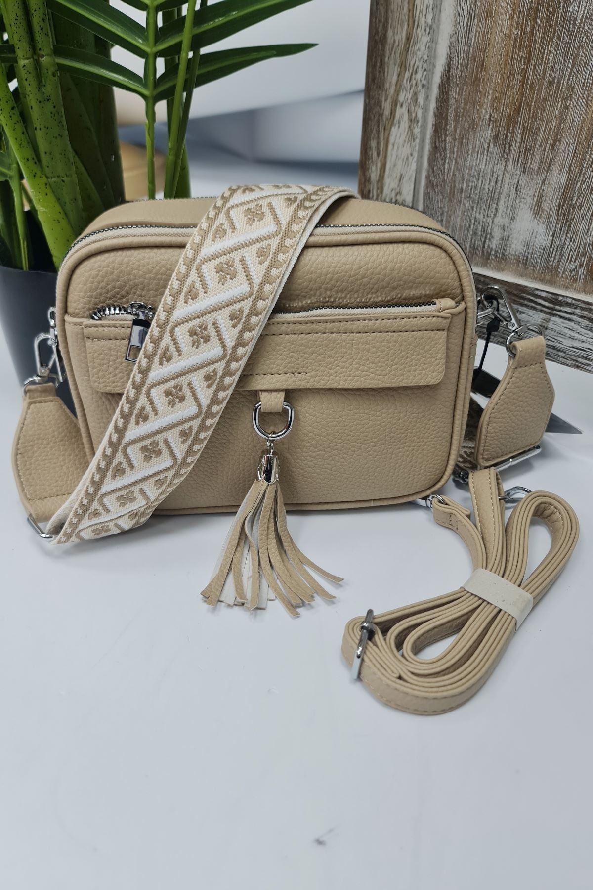 Adjustable Patterned Strap Tassel Shoulder Bag