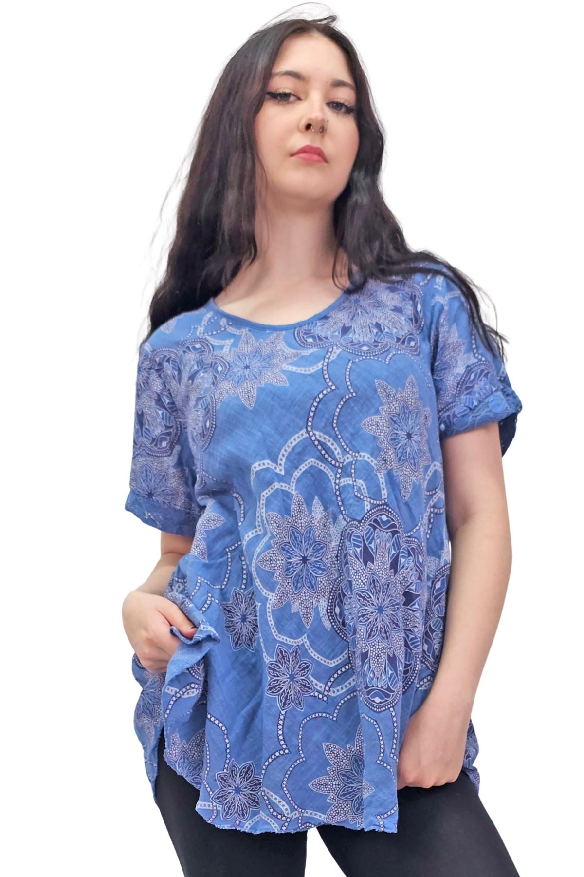 Intricate Floral Geometric Pattern Lace Detail Cotton Top